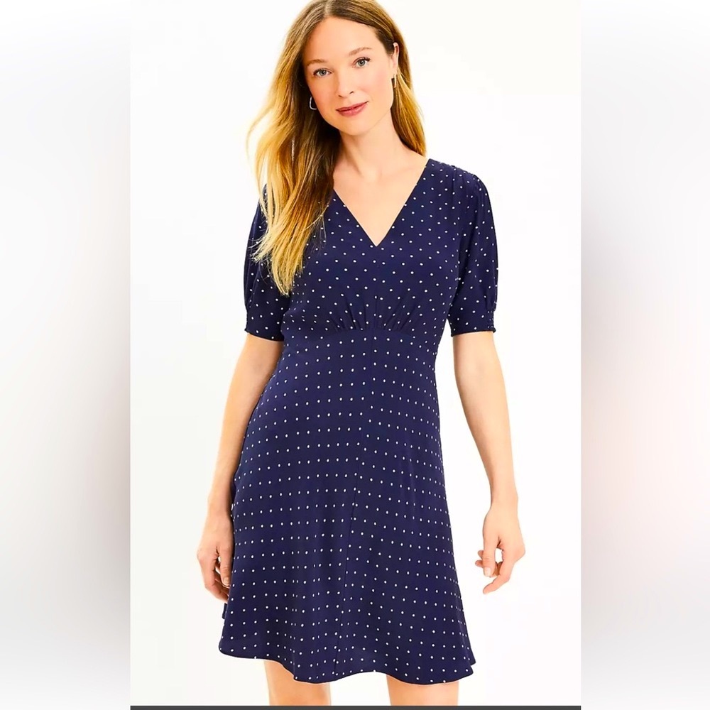 LOFT Women’s Dotted Puff Sleeve V-Neck Dress